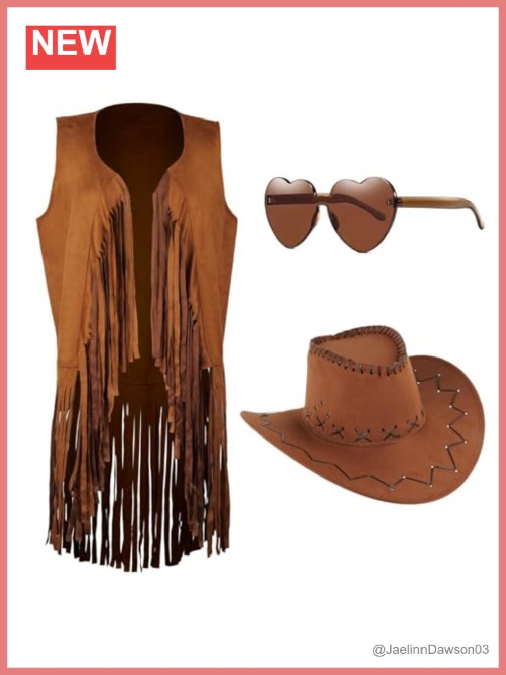 Faux Suede Fringe Vest Cowboy Hat Heart Sunglasses 70s Hippie Costume Set